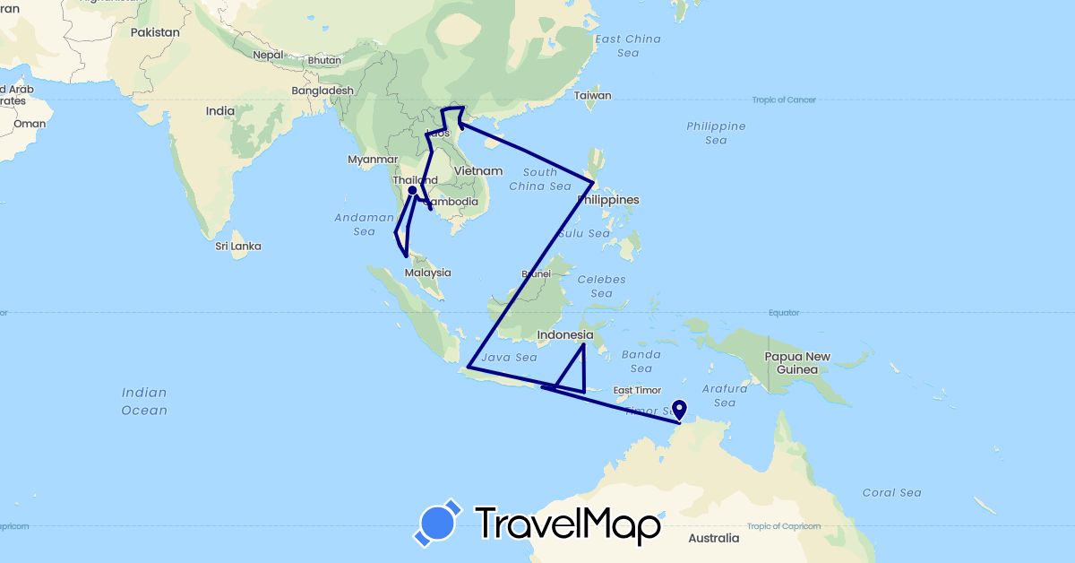TravelMap itinerary: driving in Australia, Indonesia, Laos, Malaysia, Philippines, Thailand, Vietnam (Asia, Oceania)